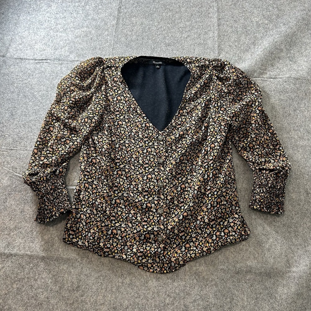 Madewell Blouse Womens 2 Black Georgette Smocked Cuff Button Front Top Folktale